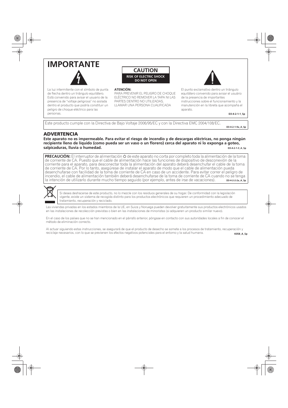 Importante, Caution, Advertencia | Pioneer KRP-500M User Manual | Page 218 / 433