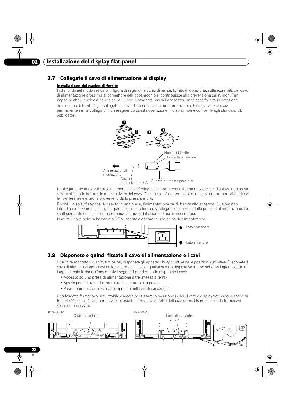 02 installazione del display flat-panel, 7 collegate il cavo di alimentazione al display | Pioneer KRP-500M User Manual | Page 22 / 433