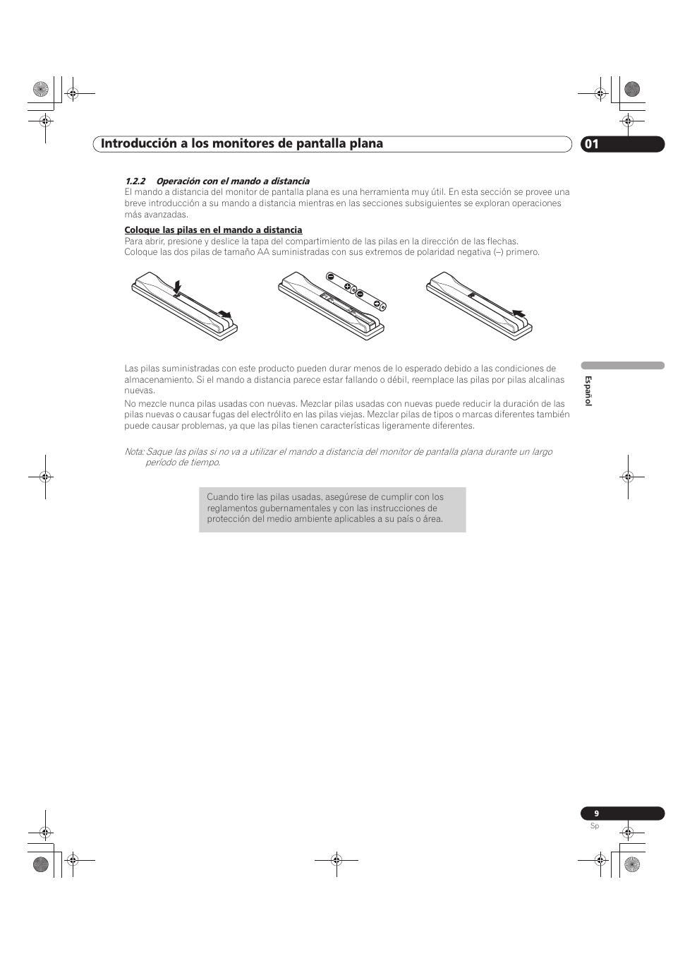 2 operación con el mando a distancia, 01 introducción a los monitores de pantalla plana | Pioneer KRP-500M User Manual | Page 225 / 433
