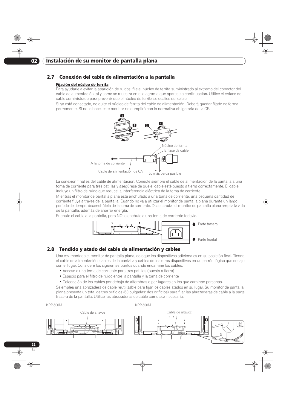 02 instalación de su monitor de pantalla plana, 7 conexión del cable de alimentación a la pantalla | Pioneer KRP-500M User Manual | Page 238 / 433
