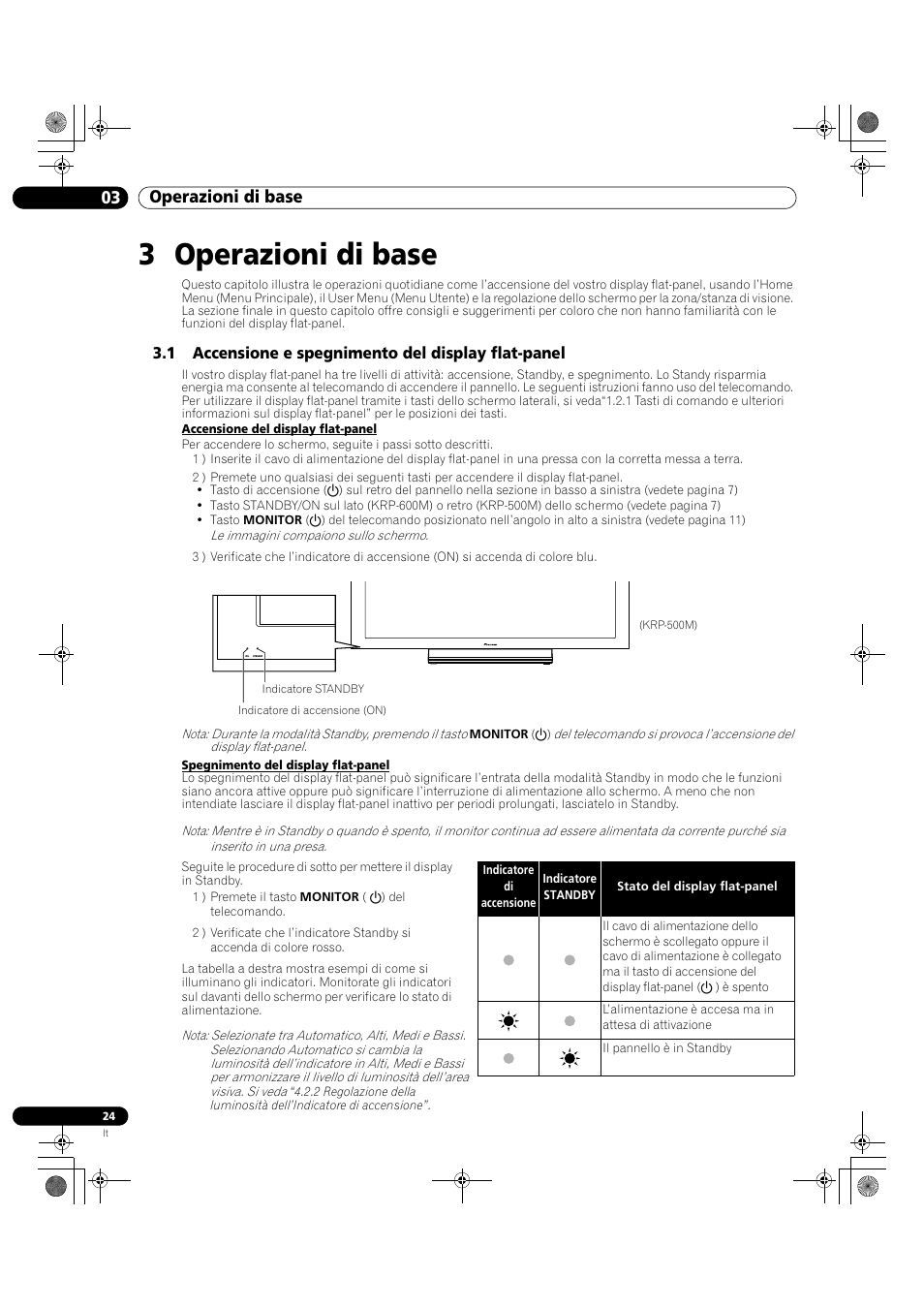 3 operazioni di base, 1 accensione e spegnimento del display flat-panel, 03 operazioni di base | Pioneer KRP-500M User Manual | Page 24 / 433
