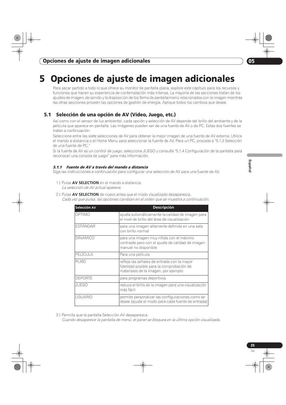 5 opciones de ajuste de imagen adicionales, 1 fuente de av a través del mando a distancia, 05 opciones de ajuste de imagen adicionales | Pioneer KRP-500M User Manual | Page 251 / 433