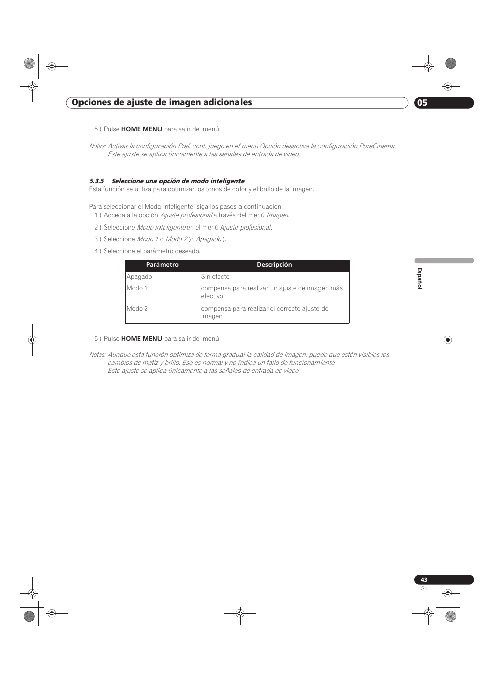 5 seleccione una opción de modo inteligente, 05 opciones de ajuste de imagen adicionales | Pioneer KRP-500M User Manual | Page 259 / 433