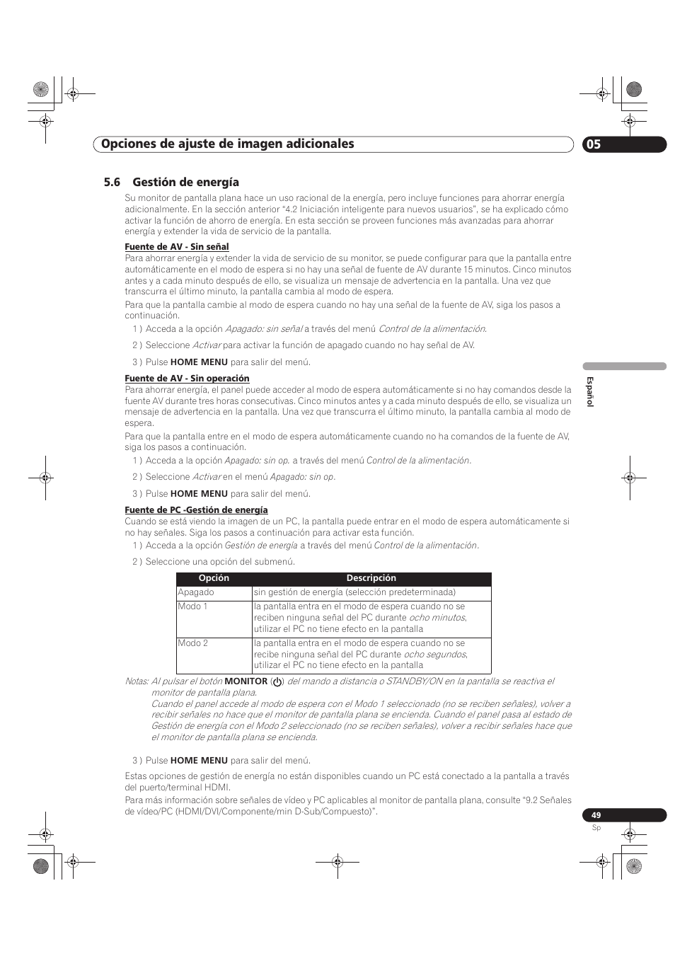 6 gestión de energía, 05 opciones de ajuste de imagen adicionales | Pioneer KRP-500M User Manual | Page 265 / 433