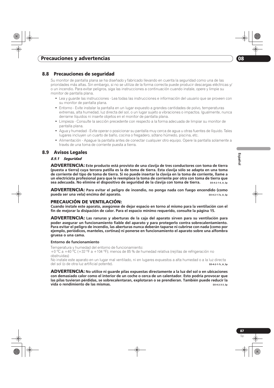 8 precauciones de seguridad 8.9 avisos legales, 1 seguridad, Precauciones y advertencias 08 | Pioneer KRP-500M User Manual | Page 303 / 433