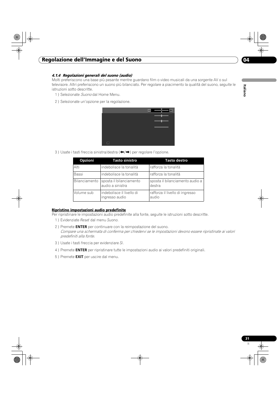 4 regolazioni generali del suono (audio), Regolazione dell’immagine e del suono 04 | Pioneer KRP-500M User Manual | Page 31 / 433