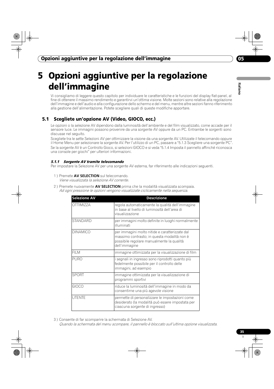 1 scegliete un’opzione av (video, gioco, ecc.), 1 sorgente av tramite telecomando | Pioneer KRP-500M User Manual | Page 35 / 433