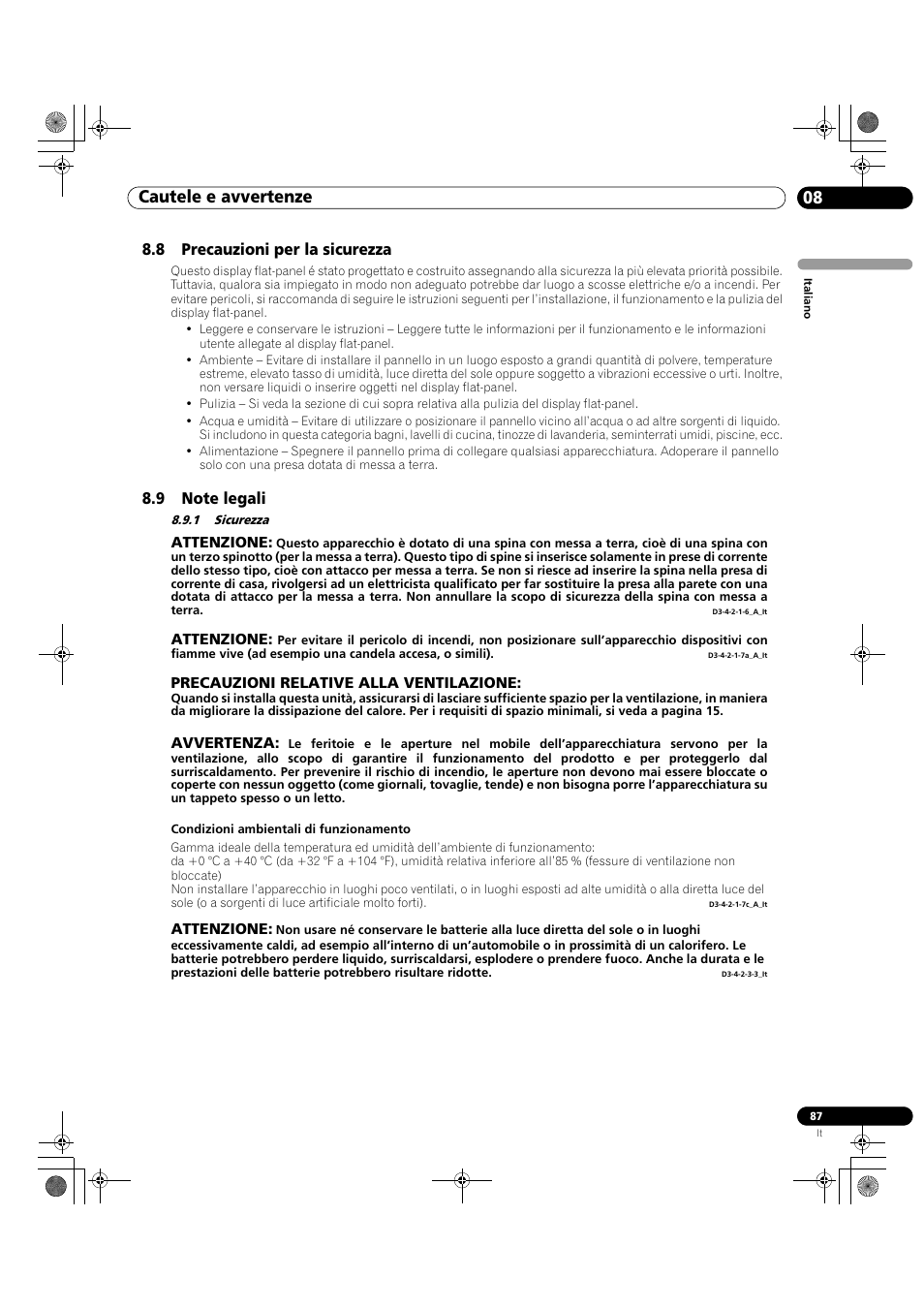 8 precauzioni per la sicurezza 8.9 note legali, 1 sicurezza, Cautele e avvertenze 08 | Pioneer KRP-500M User Manual | Page 87 / 433
