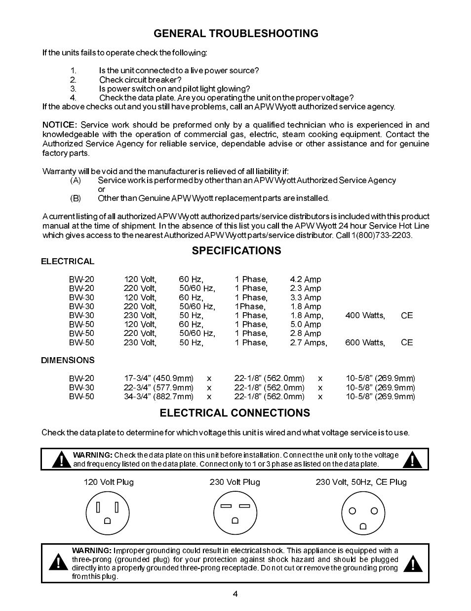 General troubleshooting, Specifications, Electrical connections | APW Wyott BW-30 User Manual | Page 4 / 8