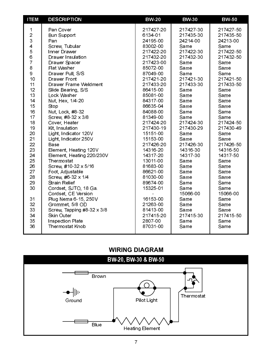 Wiring diagram | APW Wyott BW-30 User Manual | Page 7 / 8