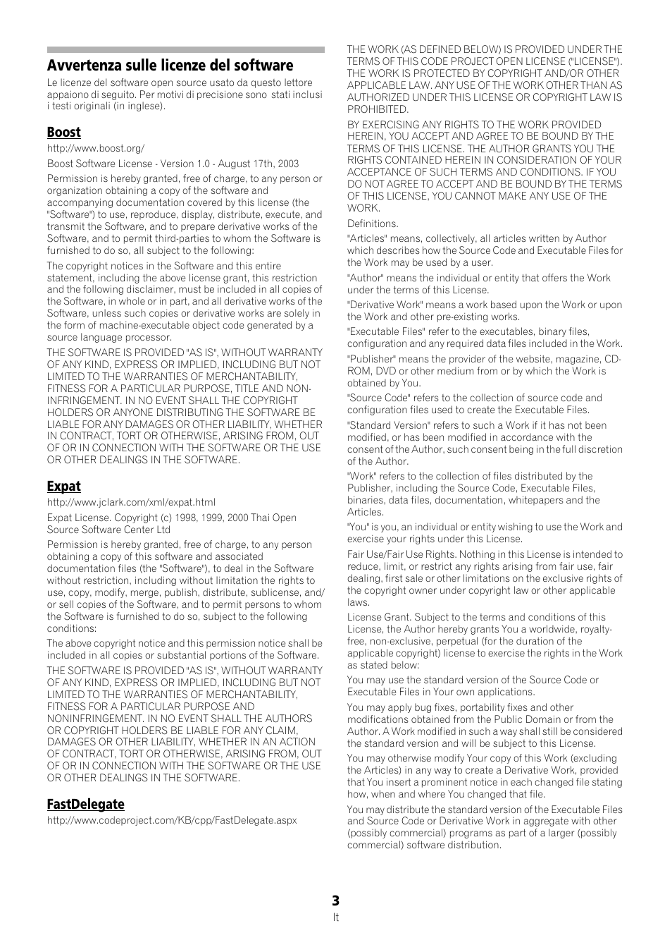 Avvertenza sulle licenze del software, Boost, Expat | Fastdelegate | Pioneer SC-LX87-K User Manual | Page 3 / 6