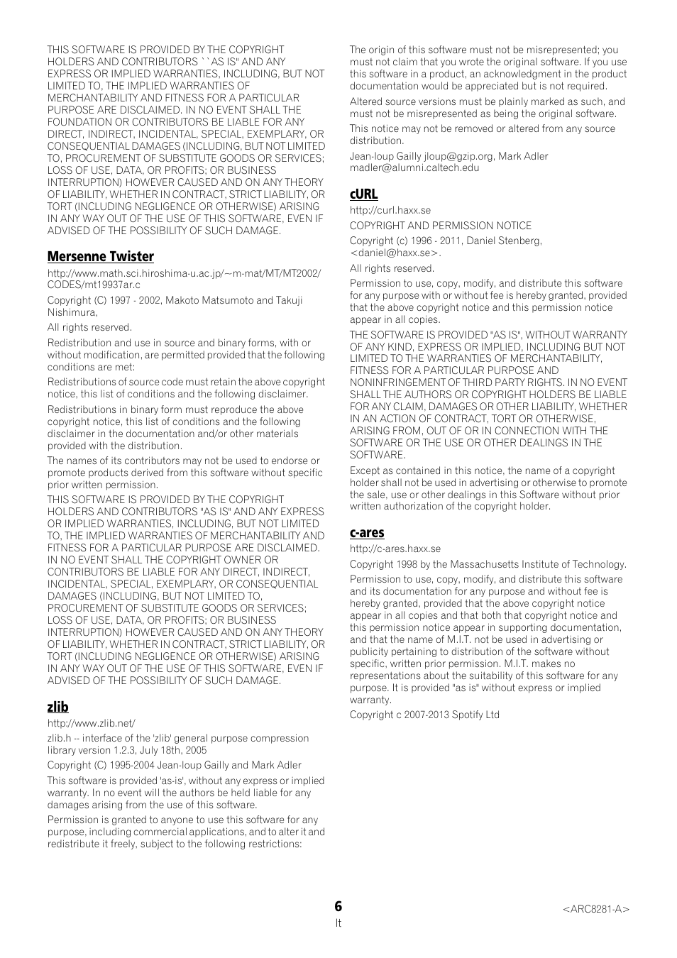 Mersenne twister, Zlib, Curl | C-ares | Pioneer SC-LX87-K User Manual | Page 6 / 6