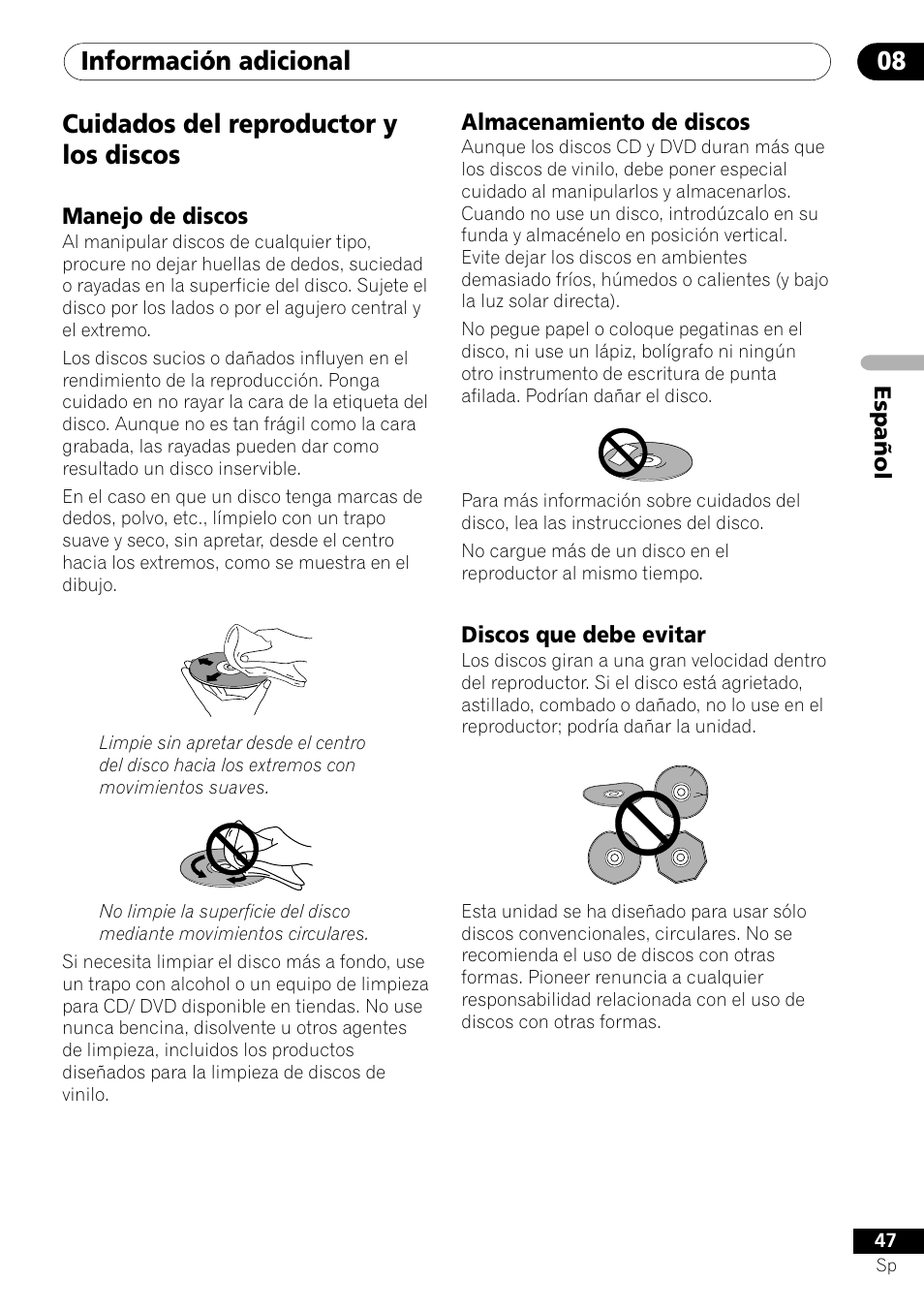 Cuidados del reproductor y los discos, Información adicional 08 | Pioneer DV-U7 User Manual | Page 101 / 108