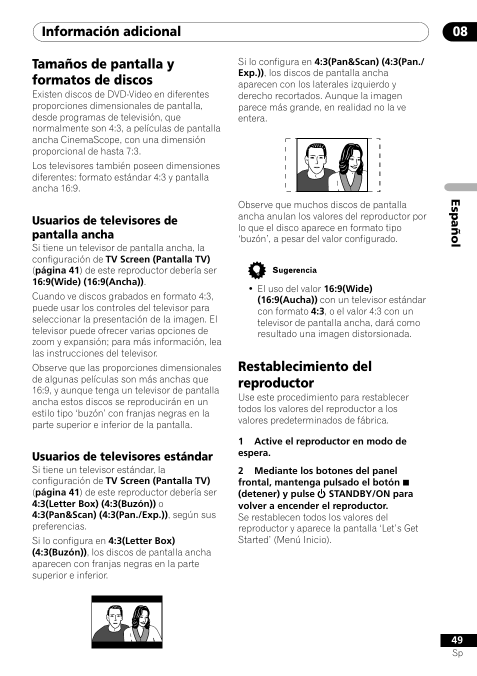 Tamaños de pantalla y formatos de discos, Restablecimiento del reproductor | Pioneer DV-U7 User Manual | Page 103 / 108