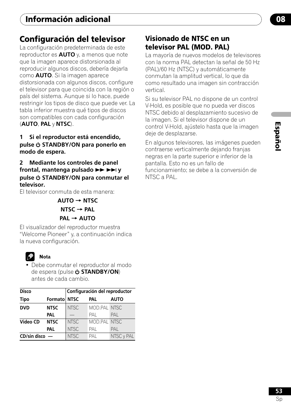 Configuración del televisor, Visionado de ntsc en un televisor pal (mod. pal), Información adicional 08 | Español | Pioneer DV-U7 User Manual | Page 107 / 108