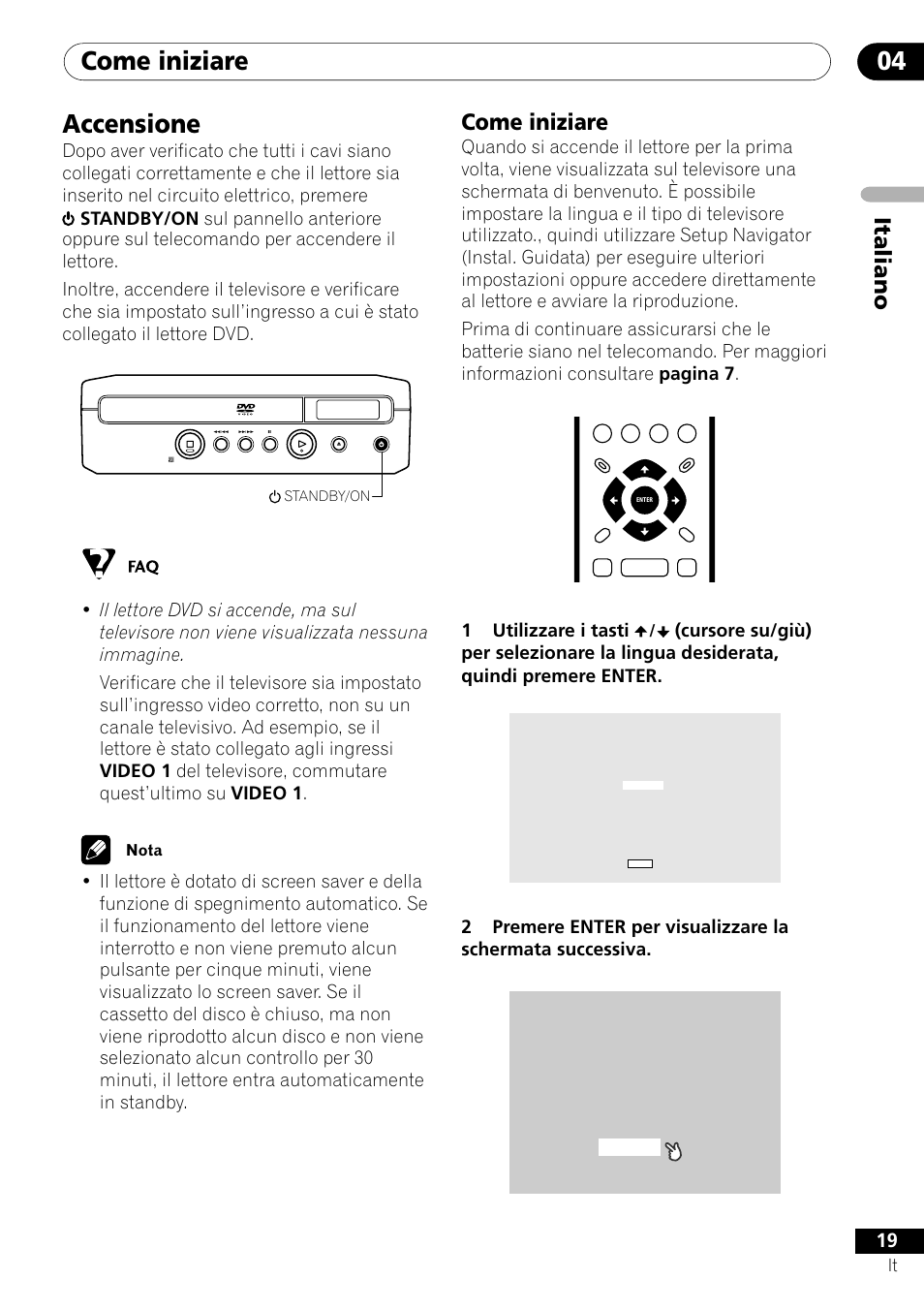 Accensione, Come iniziare, Come iniziare 04 | Italiano, 1utilizzare i tasti | Pioneer DV-U7 User Manual | Page 19 / 108