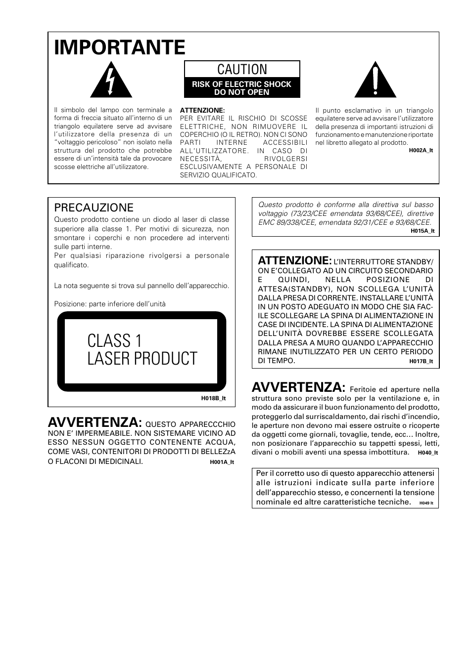 Importante, Class 1 laser product, Caution | Avvertenza, Precauzione, Attenzione | Pioneer DV-U7 User Manual | Page 2 / 108