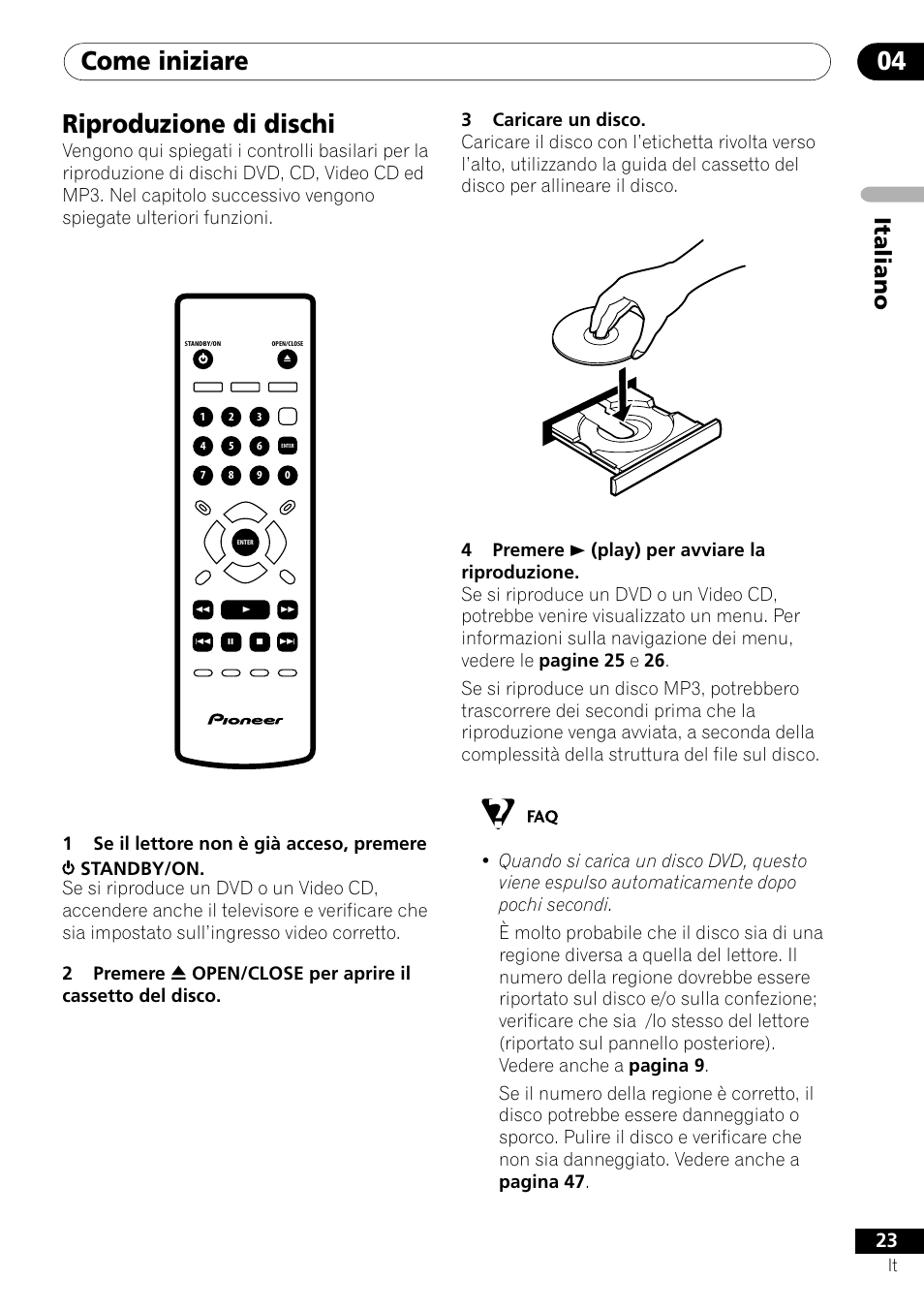 Riproduzione di dischi, Come iniziare 04 riproduzione di dischi, Italiano | Pioneer DV-U7 User Manual | Page 23 / 108