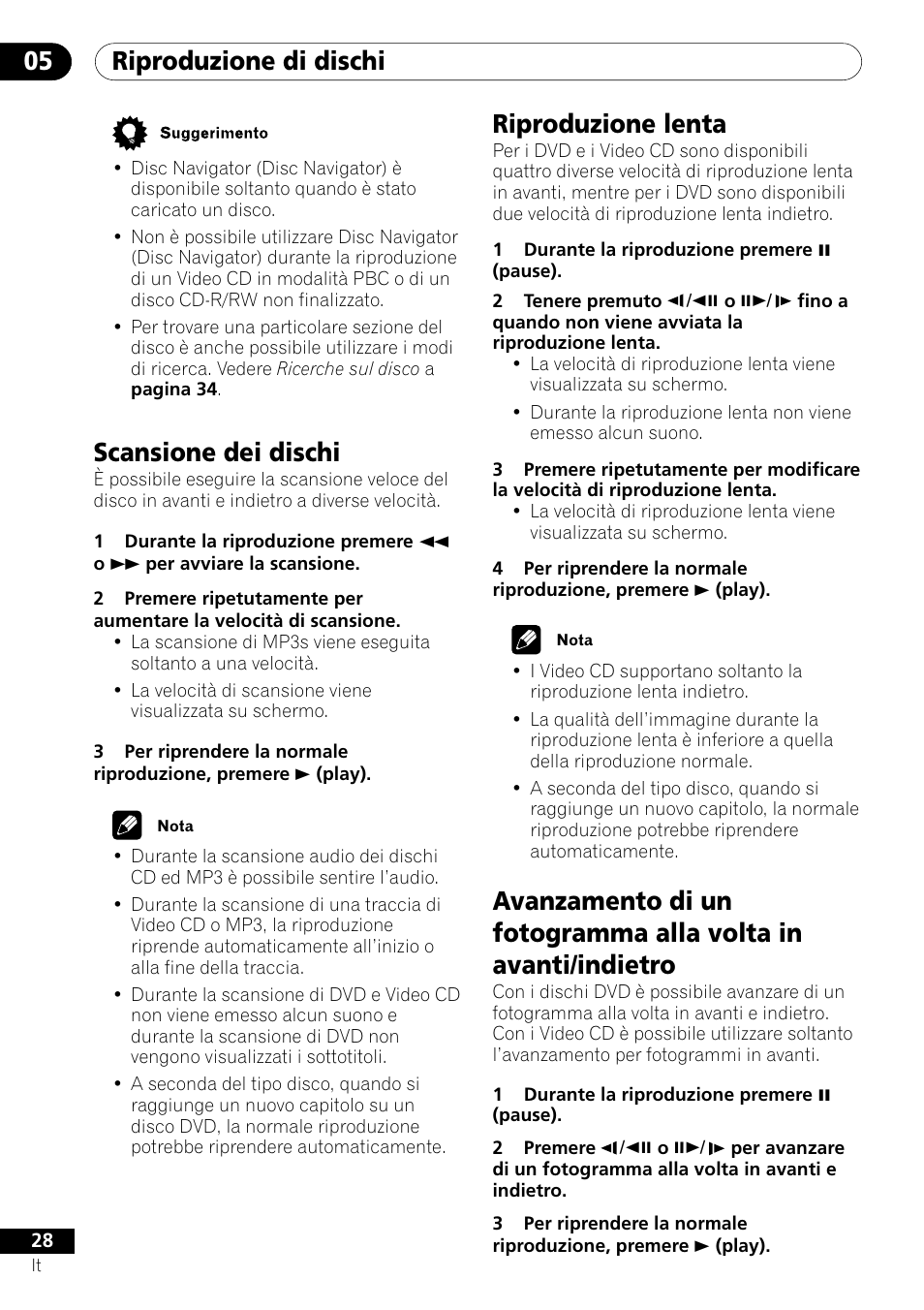 Riproduzione di dischi 05 riproduzione lenta, Scansione dei dischi | Pioneer DV-U7 User Manual | Page 28 / 108
