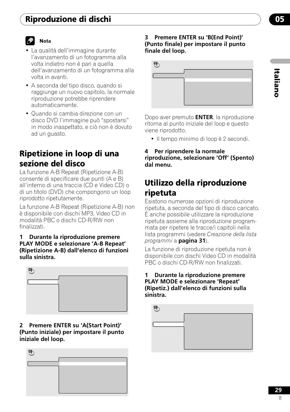Riproduzione di dischi 05, Ripetizione in loop di una sezione del disco, Utilizzo della riproduzione ripetuta | Italiano | Pioneer DV-U7 User Manual | Page 29 / 108