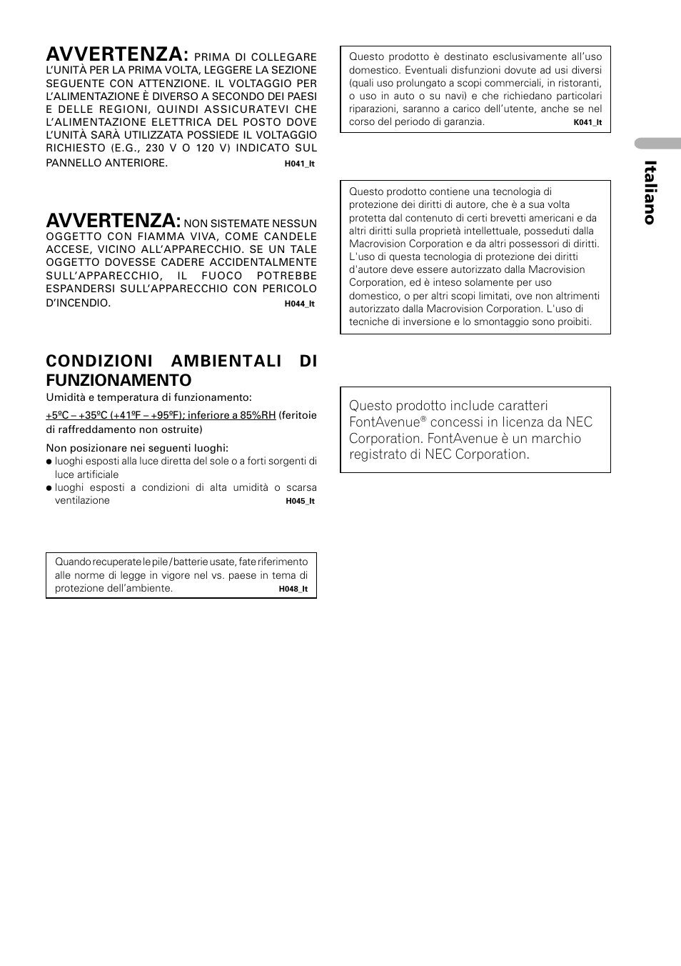 Avvertenza, Italiano, Condizioni ambientali di funzionamento | Questo prodotto include caratteri fontavenue | Pioneer DV-U7 User Manual | Page 3 / 108
