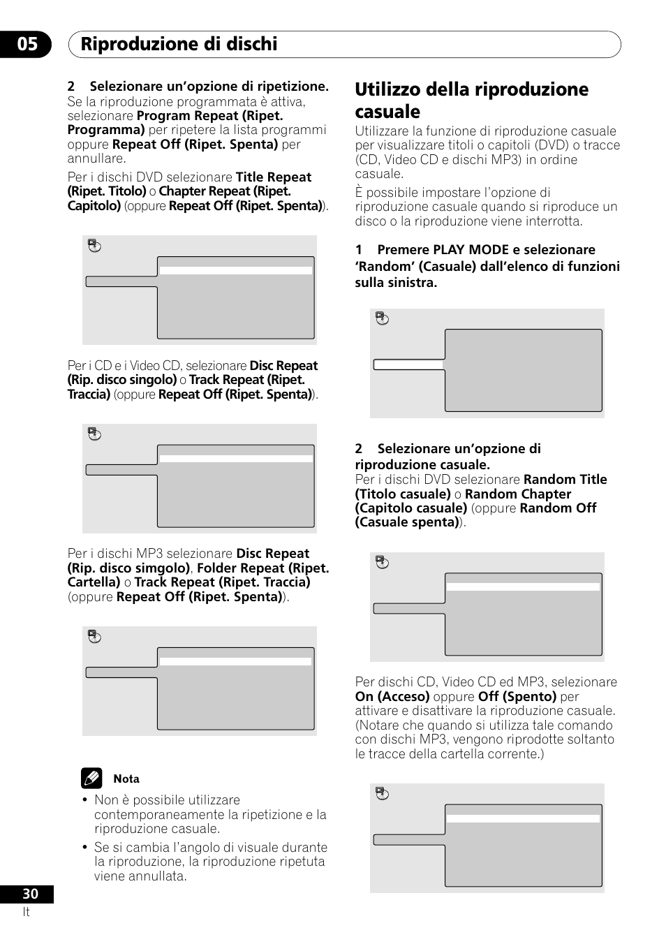 Utilizzo della riproduzione casuale, Riproduzione di dischi 05 | Pioneer DV-U7 User Manual | Page 30 / 108