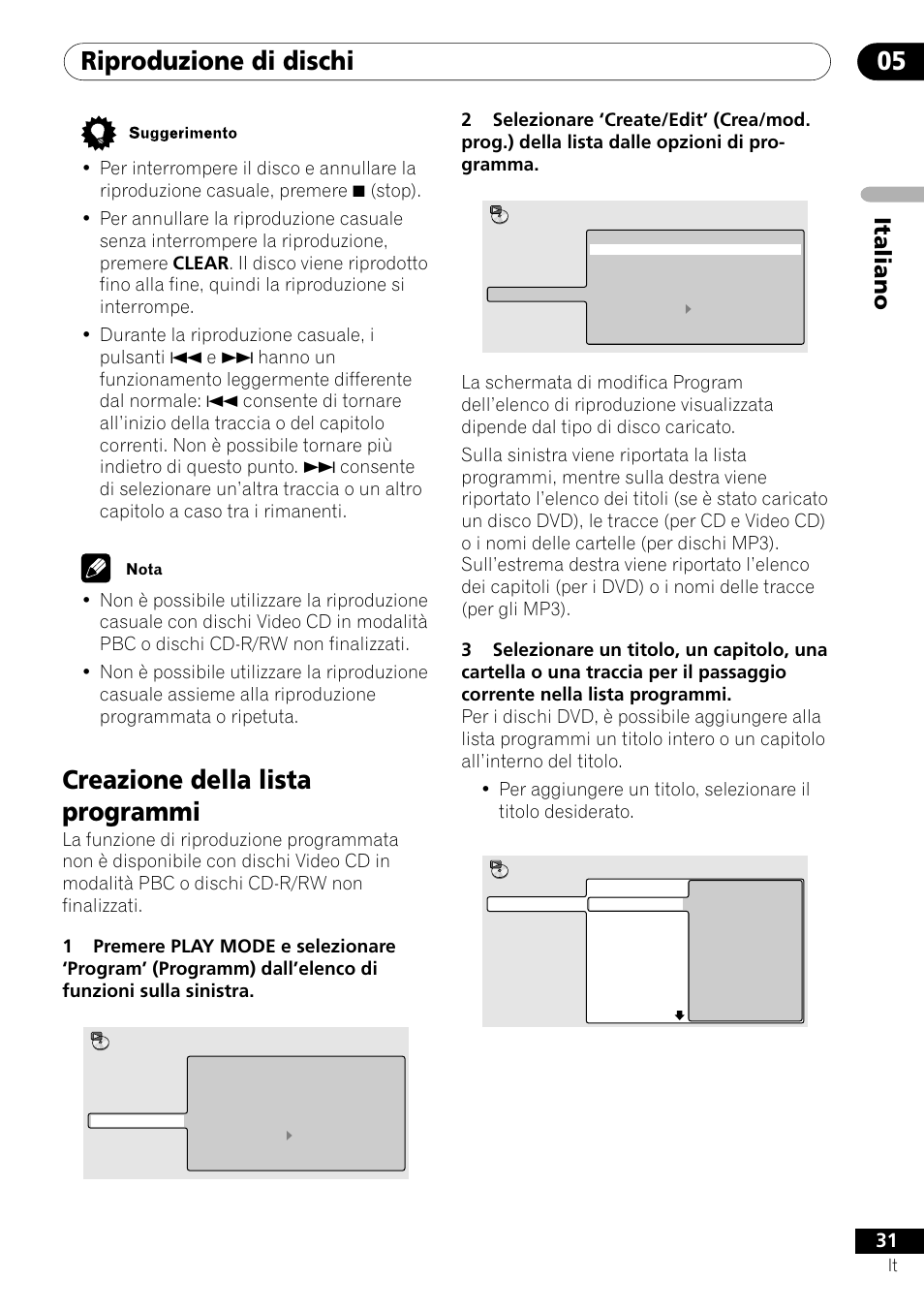 Creazione della lista programmi, Riproduzione di dischi 05, Italiano | Pioneer DV-U7 User Manual | Page 31 / 108