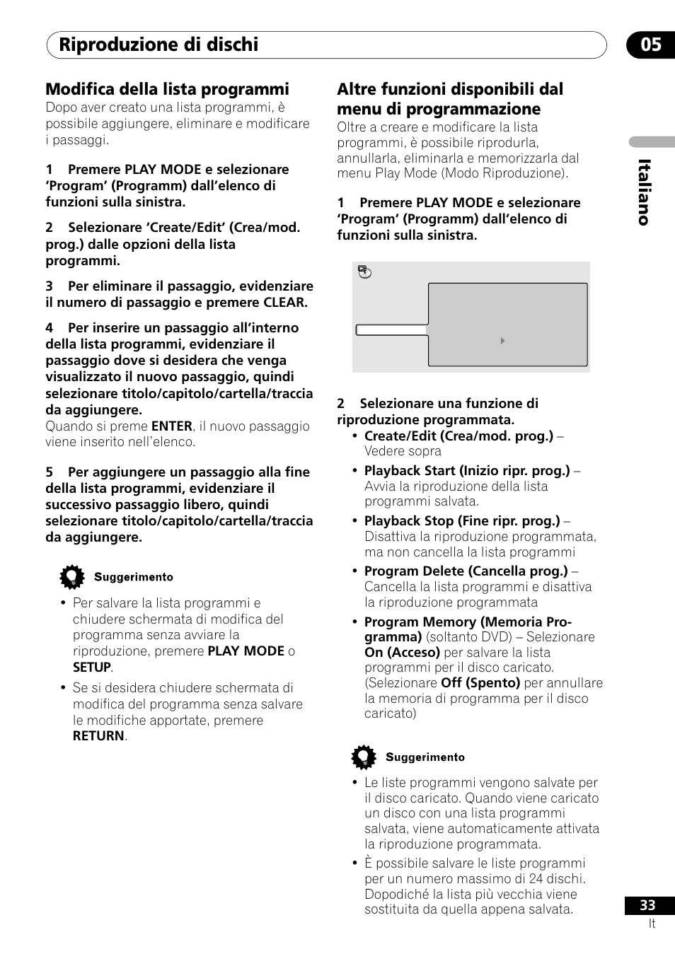 Riproduzione di dischi 05, Italiano, Modifica della lista programmi | Pioneer DV-U7 User Manual | Page 33 / 108