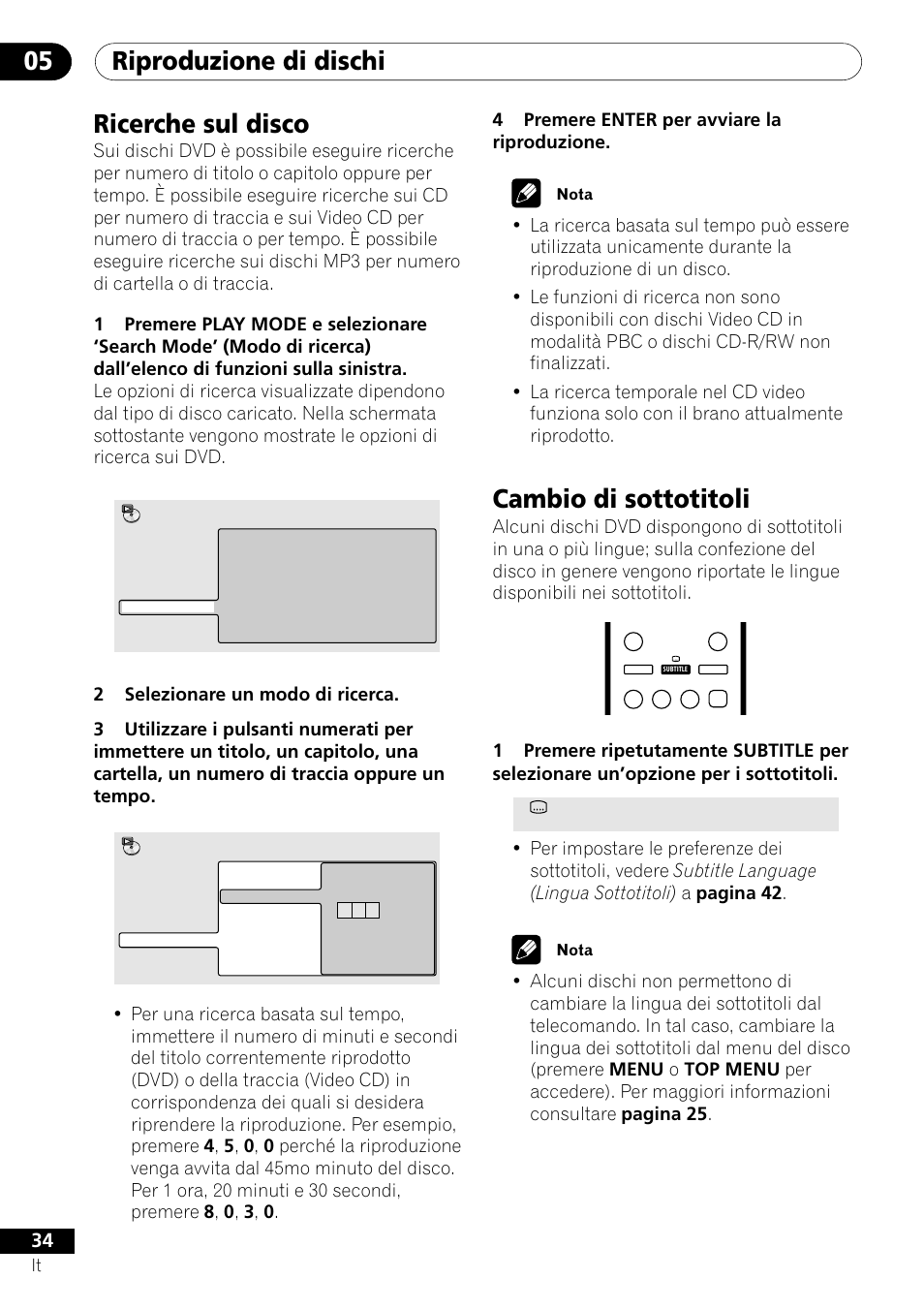 Ricerche sul disco cambio di sottotitoli, Riproduzione di dischi 05 ricerche sul disco, Cambio di sottotitoli | Pioneer DV-U7 User Manual | Page 34 / 108