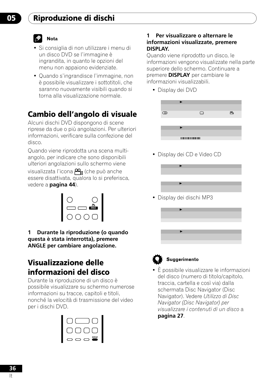 Riproduzione di dischi 05, Cambio dell’angolo di visuale, Visualizzazione delle informazioni del disco | Display dei cd e video cd, Display dei dischi mp3, Nota | Pioneer DV-U7 User Manual | Page 36 / 108