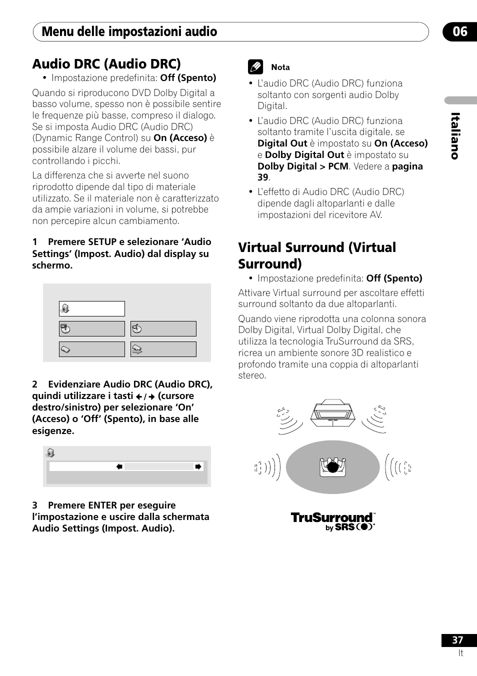 Menu delle impostazioni audio 06, Virtual surround (virtual surround), Audio drc (audio drc) | Italiano | Pioneer DV-U7 User Manual | Page 37 / 108