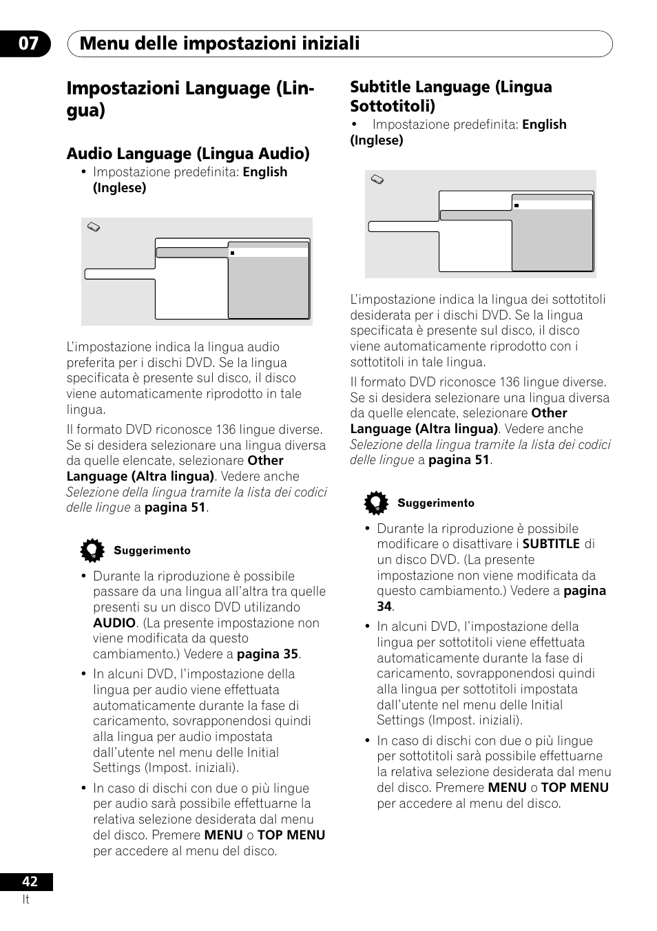 Impostazioni language (lingua), Menu delle impostazioni iniziali 07, Impostazioni language (lin- gua) | Subtitle language (lingua sottotitoli), Audio language (lingua audio) | Pioneer DV-U7 User Manual | Page 42 / 108