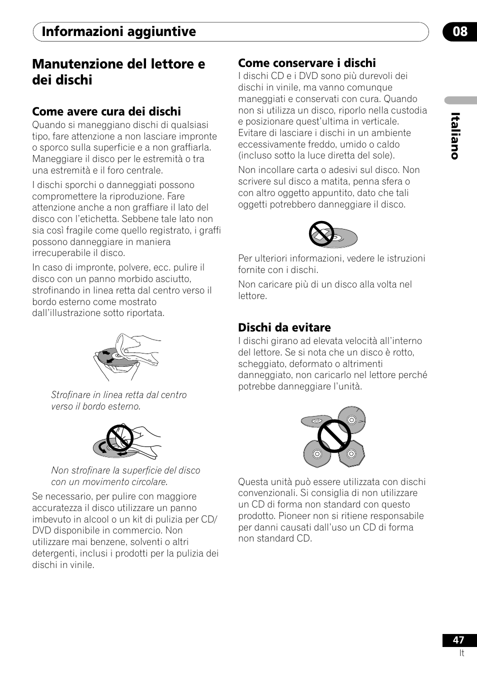 Manutenzione del lettore e dei dischi, Informazioni aggiuntive 08 | Pioneer DV-U7 User Manual | Page 47 / 108