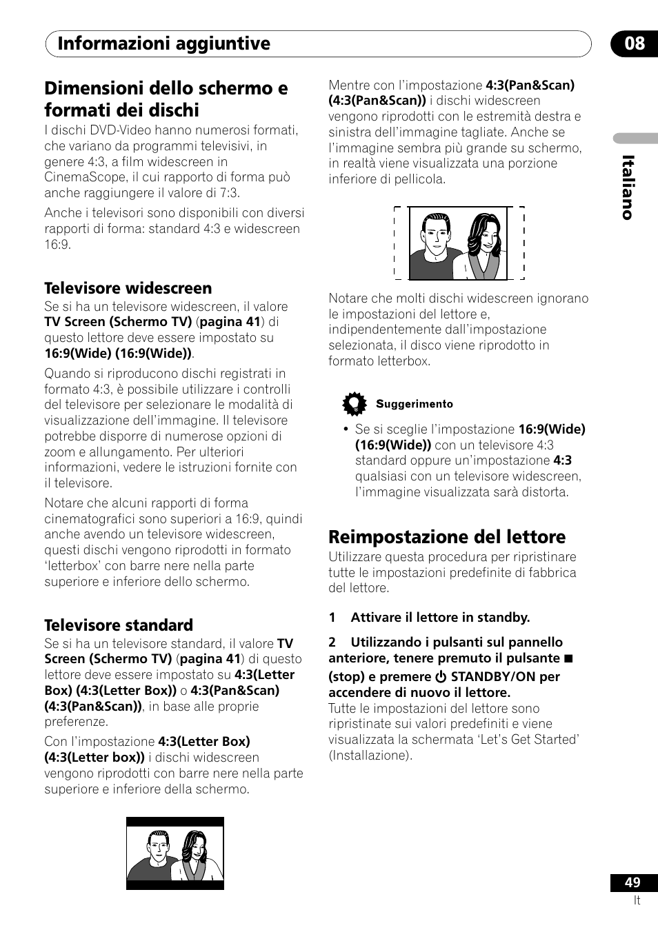 Dimensioni dello schermo e formati dei dischi, Televisore widescreen televisore standard, Reimpostazione del lettore | Informazioni aggiuntive 08 | Pioneer DV-U7 User Manual | Page 49 / 108
