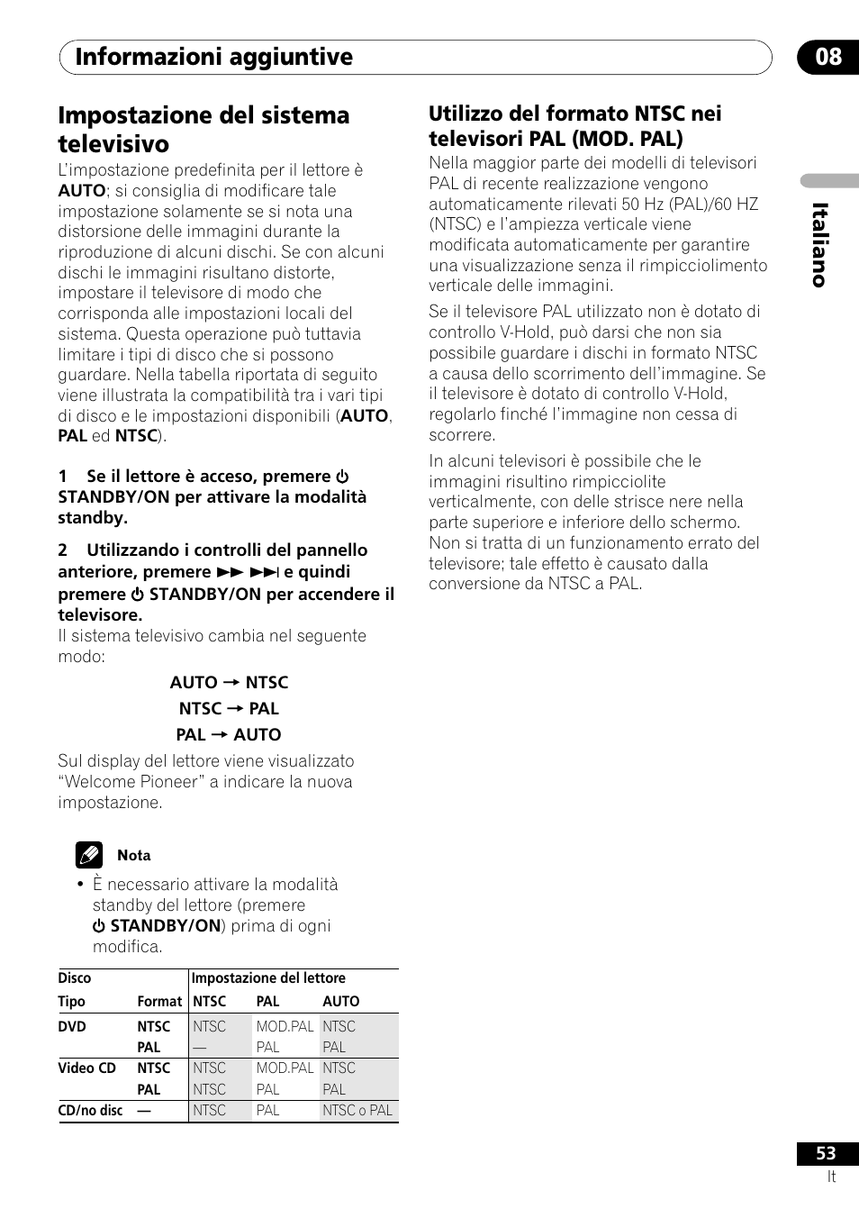 Impostazione del sistema televisivo, Informazioni aggiuntive 08, Italiano | Pioneer DV-U7 User Manual | Page 53 / 108