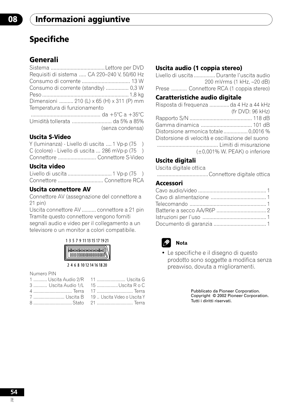 Specifiche, Informazioni aggiuntive 08, Generali | Pioneer DV-U7 User Manual | Page 54 / 108