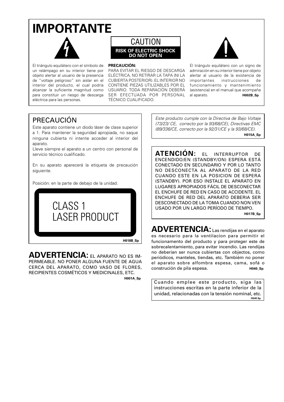 Importante, Class 1 laser product, Caution | Advertencia, Precaución, Atención | Pioneer DV-U7 User Manual | Page 56 / 108