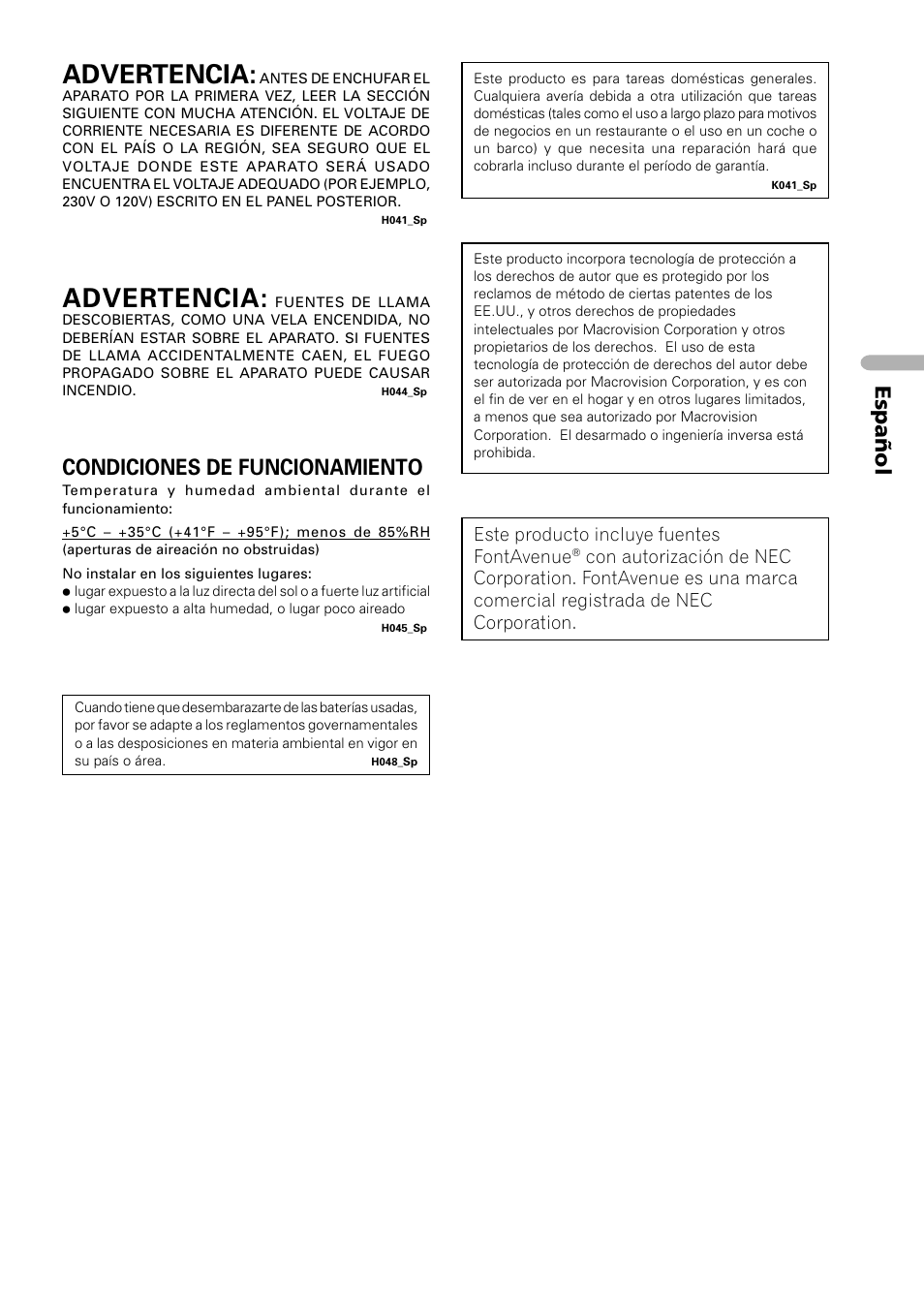Advertencia, Español, Condiciones de funcionamiento | Este producto incluye fuentes fontavenue | Pioneer DV-U7 User Manual | Page 57 / 108