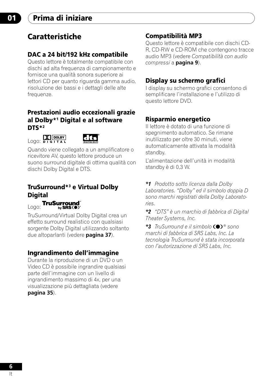 Caratteristiche, Prima di iniziare 01 caratteristiche | Pioneer DV-U7 User Manual | Page 6 / 108