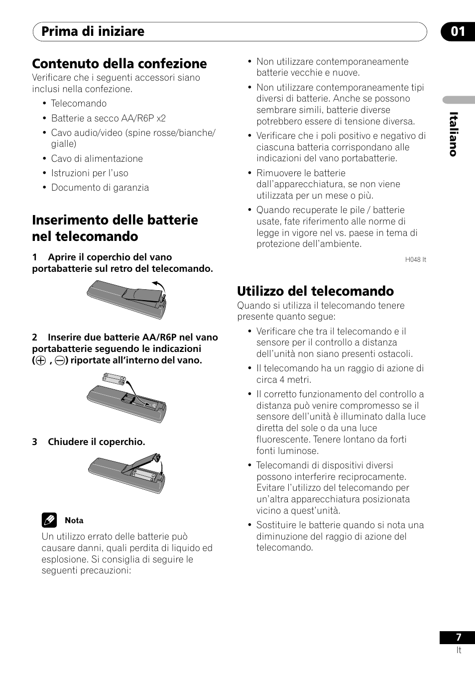 Prima di iniziare 01 contenuto della confezione, Inserimento delle batterie nel telecomando, Utilizzo del telecomando | Pioneer DV-U7 User Manual | Page 7 / 108