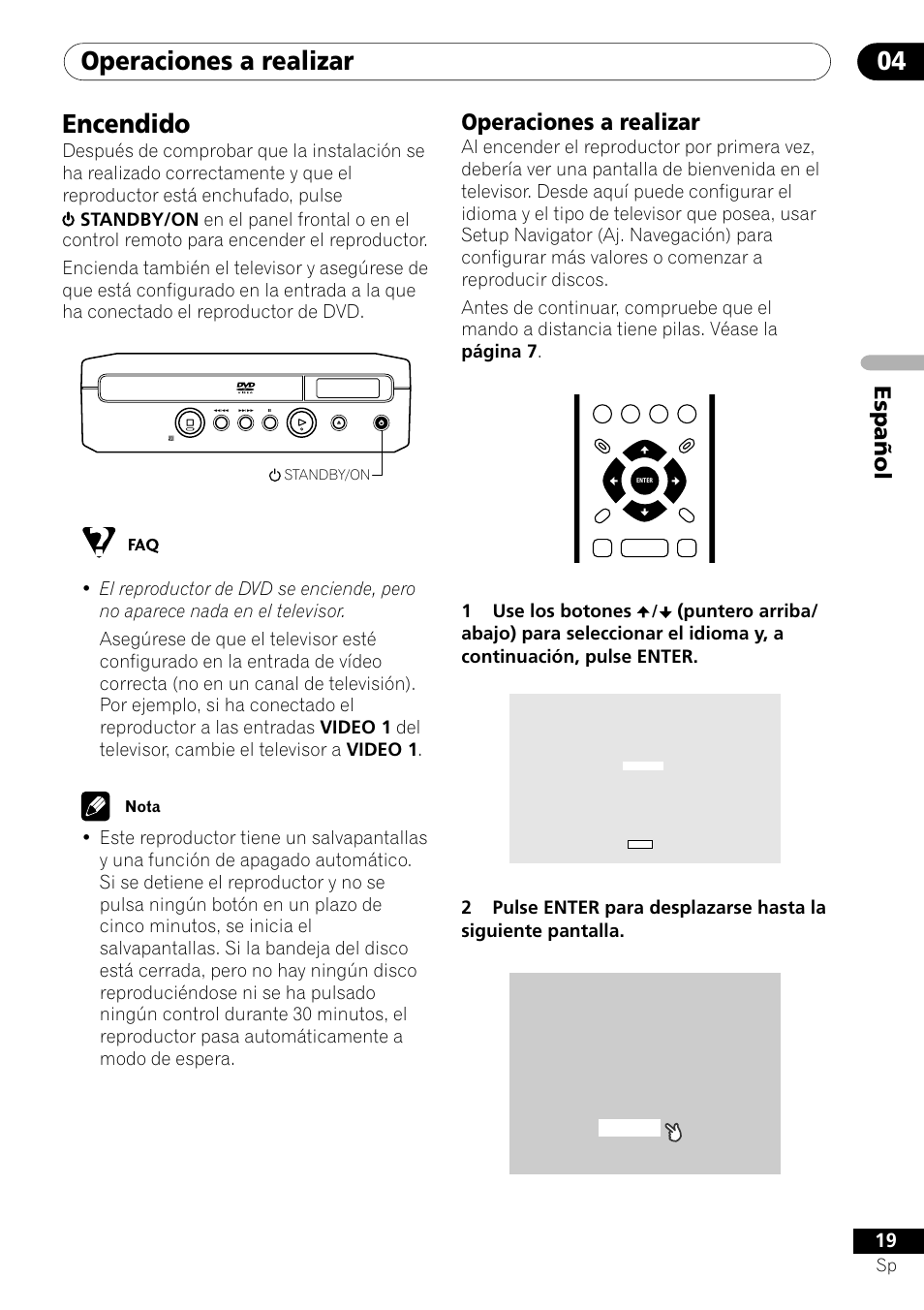 Encendido, Operaciones a realizar, Operaciones a realizar 04 | Español, 1use los botones | Pioneer DV-U7 User Manual | Page 73 / 108