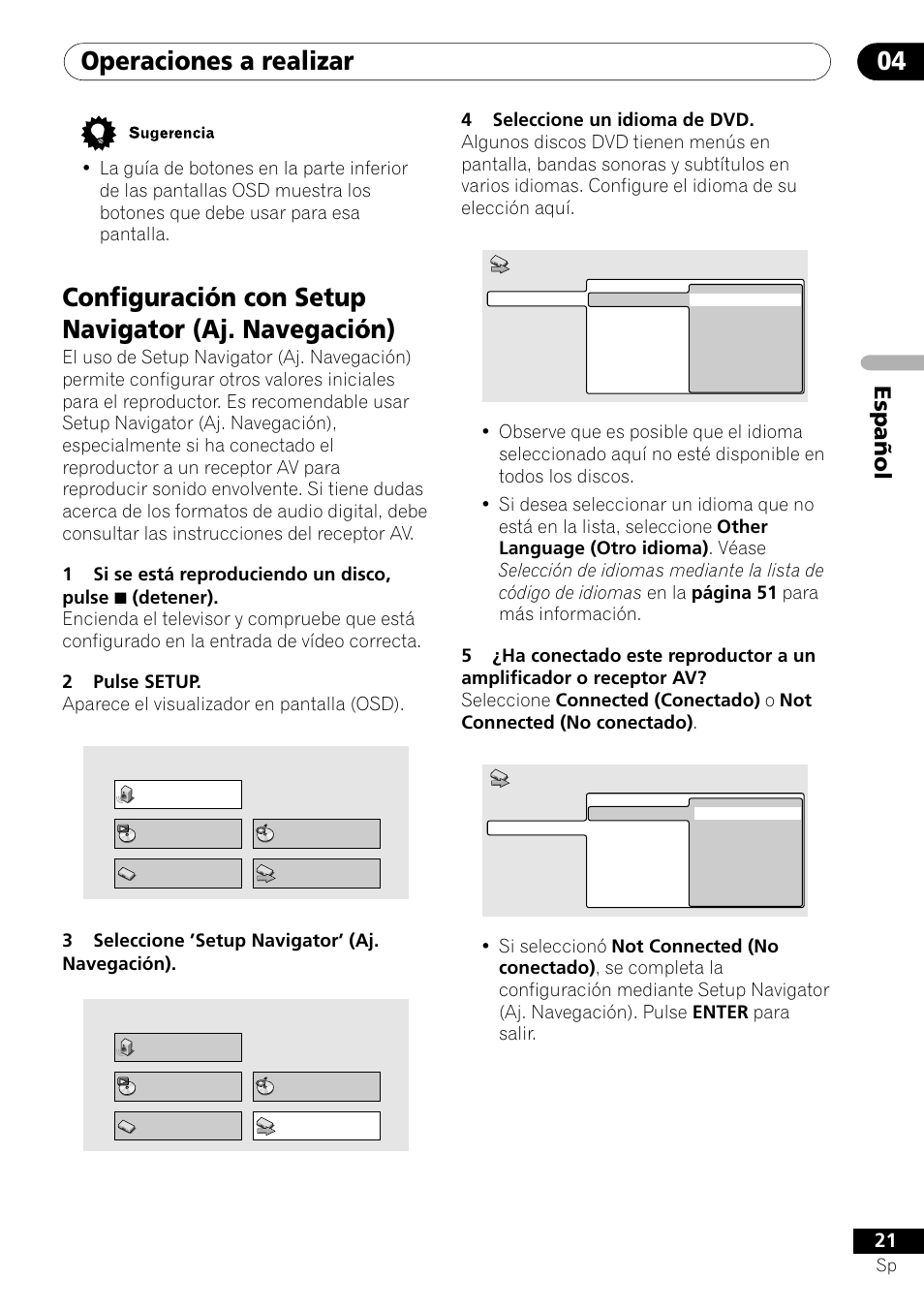 Configuración con setup navigator (aj. navegación), Operaciones a realizar 04, Español | Pioneer DV-U7 User Manual | Page 75 / 108