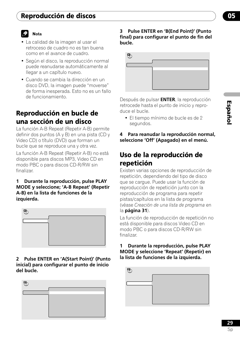 Reproducción de discos 05, Reproducción en bucle de una sección de un disco, Uso de la reproducción de repetición | Español | Pioneer DV-U7 User Manual | Page 83 / 108