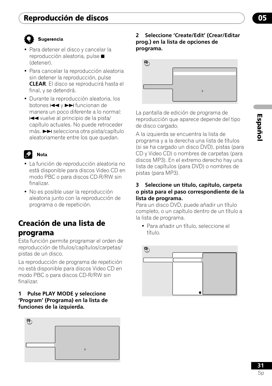 Creación de una lista de programa, Reproducción de discos 05, Español | Pioneer DV-U7 User Manual | Page 85 / 108