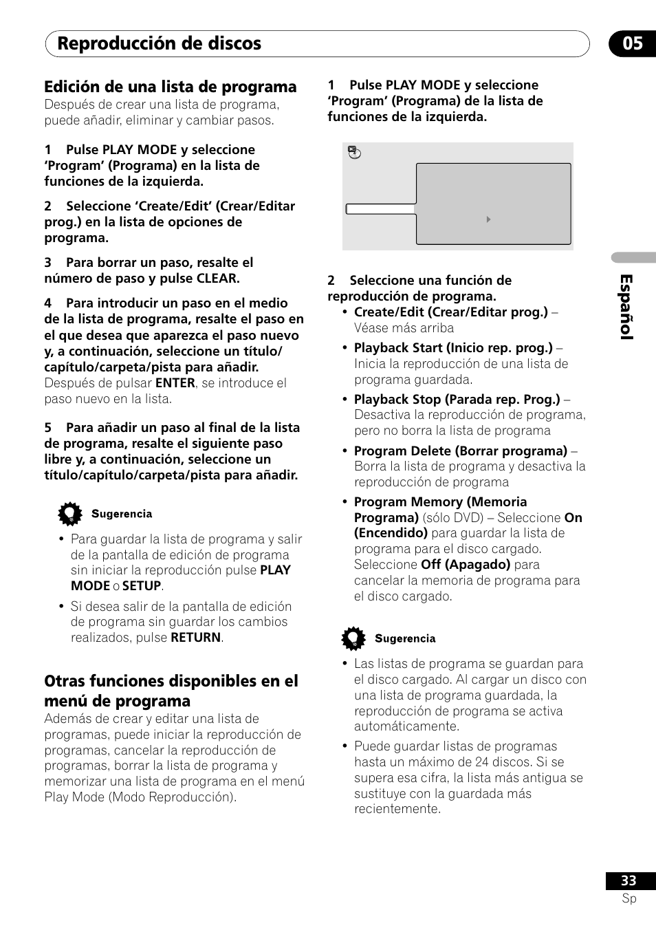 Reproducción de discos 05, Español, Edición de una lista de programa | Otras funciones disponibles en el menú de programa | Pioneer DV-U7 User Manual | Page 87 / 108