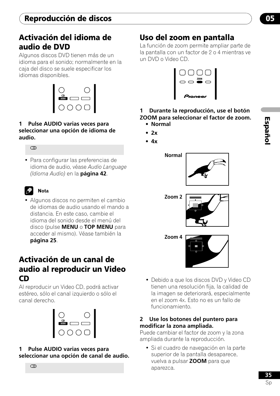 Uso del zoom en pantalla, Español | Pioneer DV-U7 User Manual | Page 89 / 108