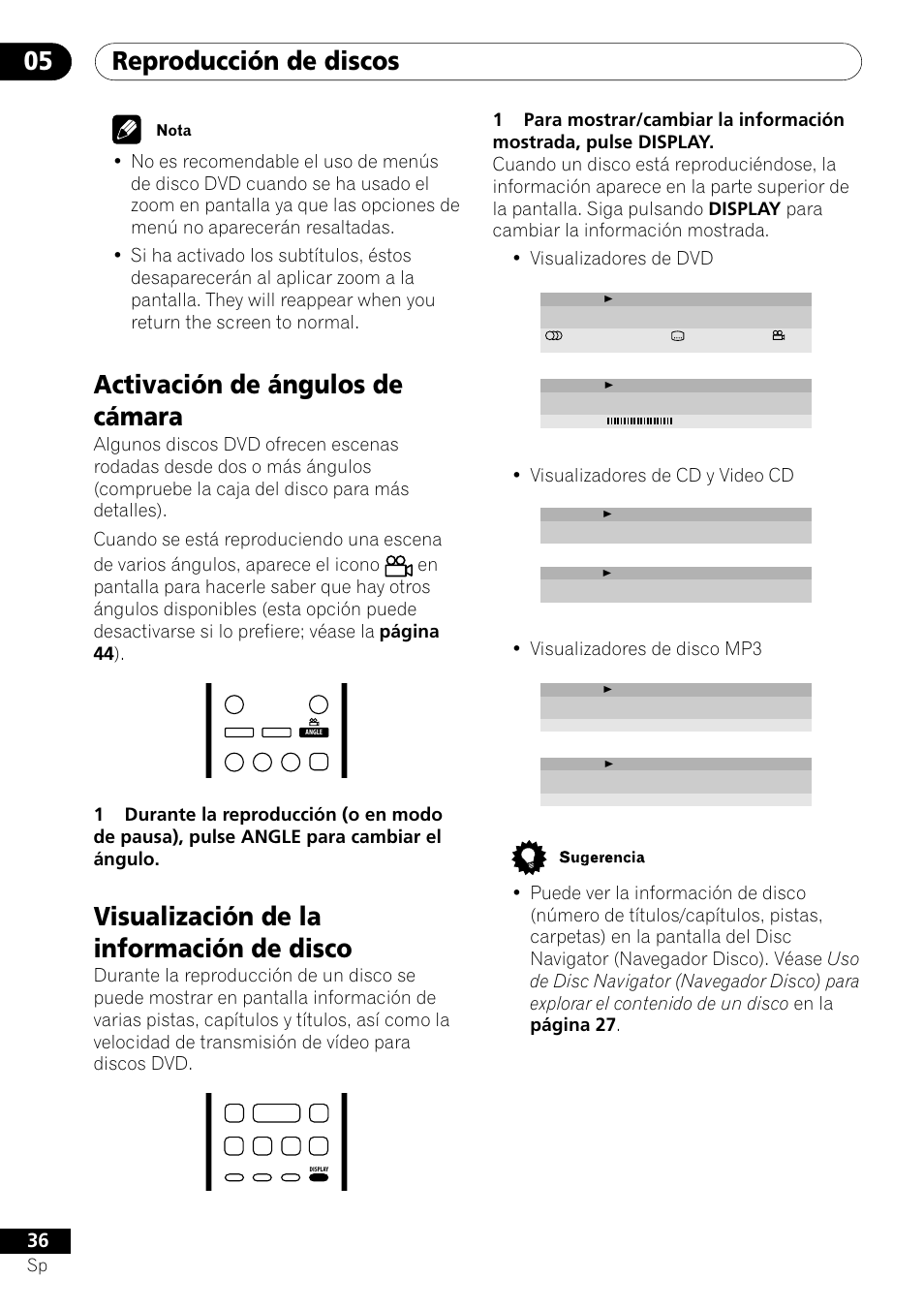 Reproducción de discos 05, Activación de ángulos de cámara, Visualización de la información de disco | Visualizadores de cd y video cd, Visualizadores de disco mp3, Nota | Pioneer DV-U7 User Manual | Page 90 / 108