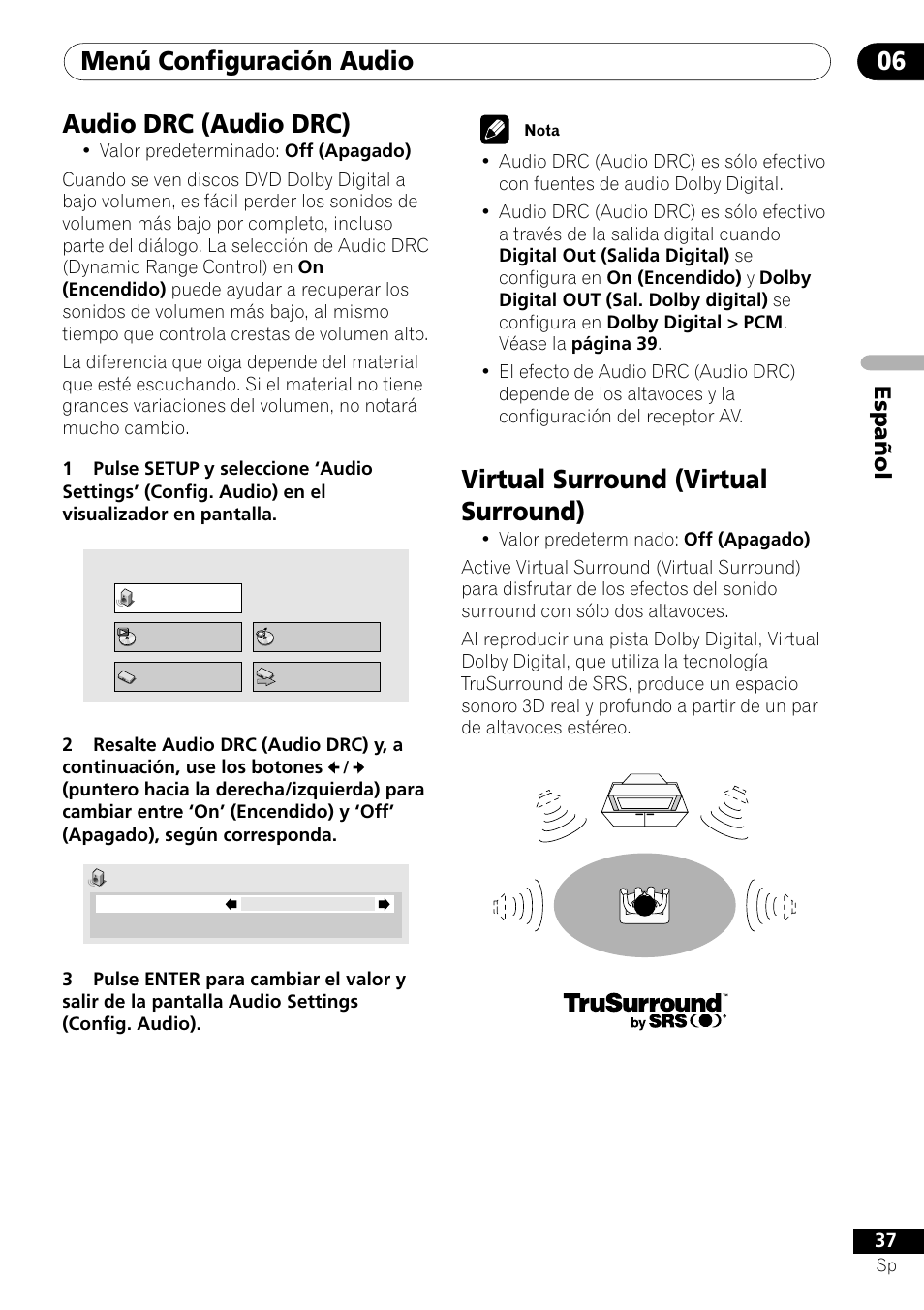 Menú configuración audio 06, Virtual surround (virtual surround), Audio drc (audio drc) | Español | Pioneer DV-U7 User Manual | Page 91 / 108