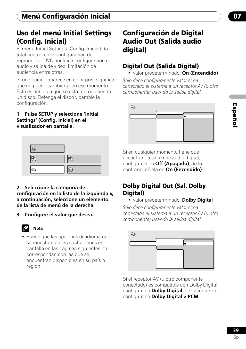Uso del menú initial settings (config. inicial), Español, Digital out (salida digital) | Dolby digital out (sal. dolby digital) | Pioneer DV-U7 User Manual | Page 93 / 108