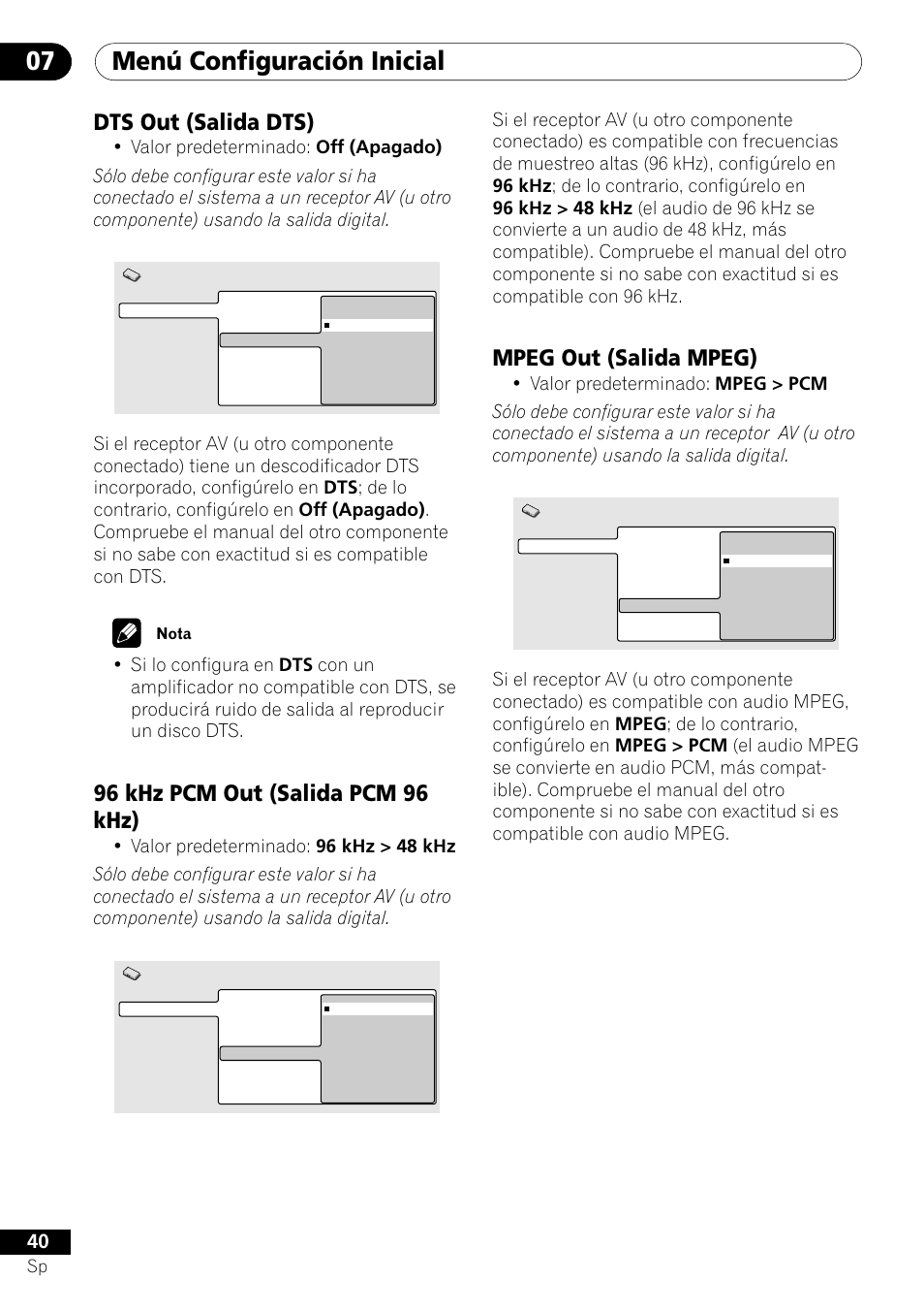 Menú configuración inicial 07, Mpeg out (salida mpeg), Dts out (salida dts) | 96 khz pcm out (salida pcm 96 khz) | Pioneer DV-U7 User Manual | Page 94 / 108